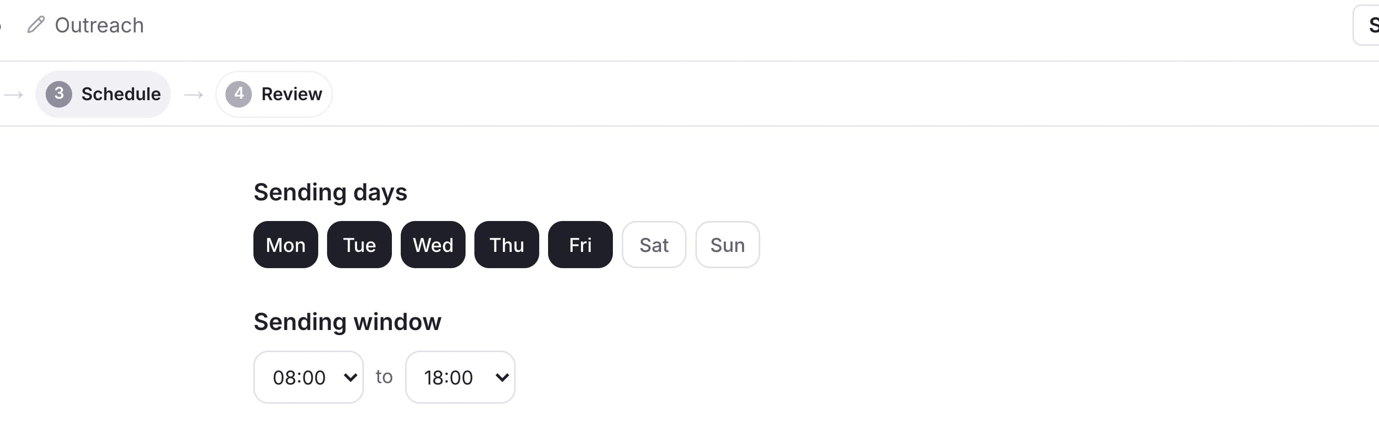 Weekends are off by default. Stop on reply is on by default too — a real reply from a lead ends their run through the flow.
