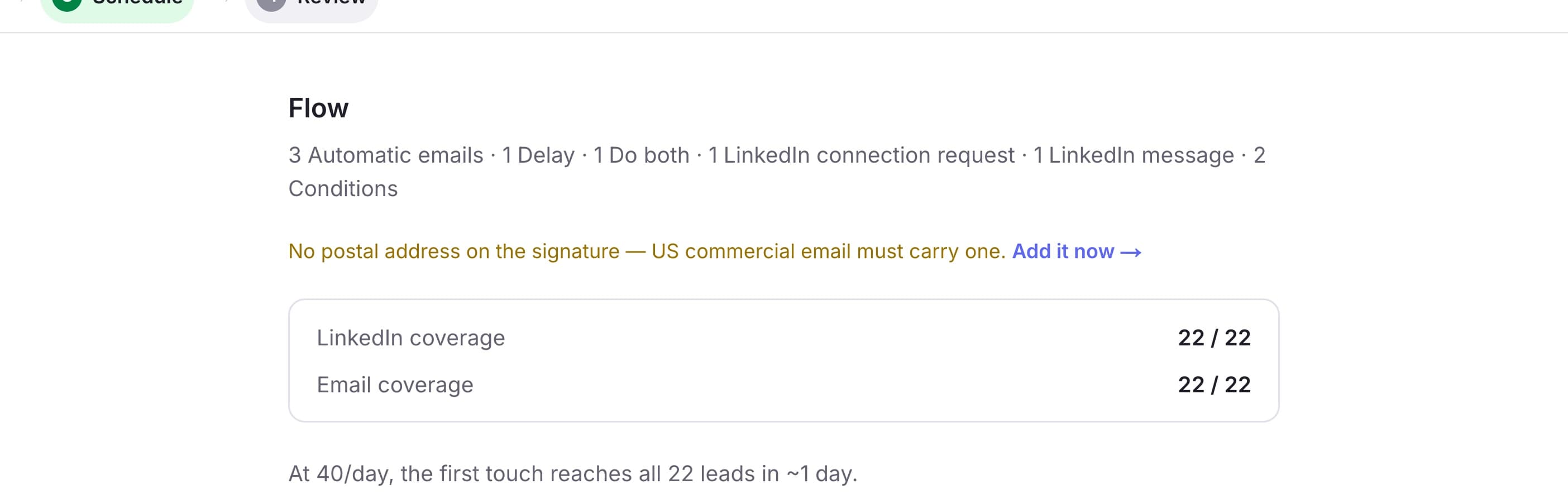 A warning in amber: no postal address on the signature. US commercial email must carry one, so it is worth fixing — but it does not block the launch, and the line links straight to