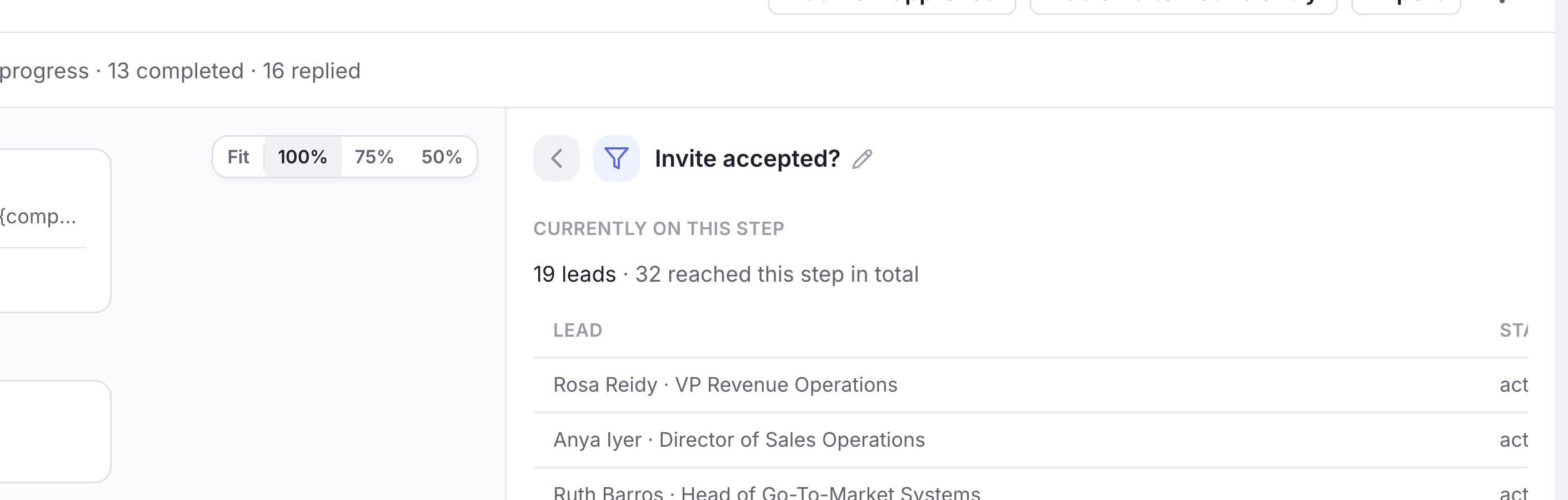 Currently on this step is a list, not a number: click a lead to open their profile, or open the conversation in your Inbox.