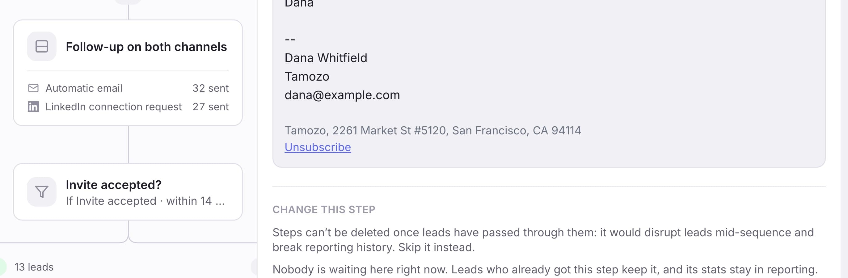 The preview shows what actually ships, including the part you did not write: your postal address and the unsubscribe link, under the signature.