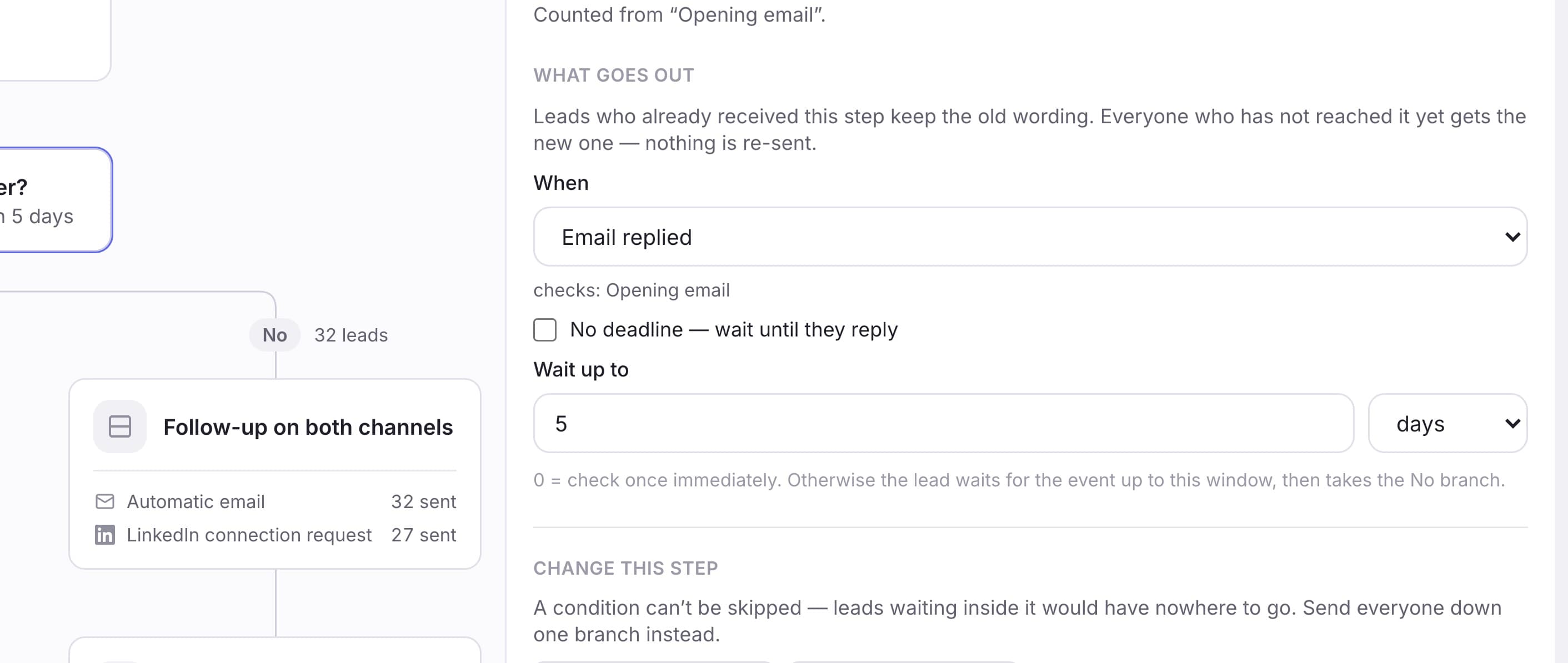 checks: Opening email is the step this condition measures from. A window of 0 means "check once, right now, and move on"; No deadline means the lead waits indefinitely for the even