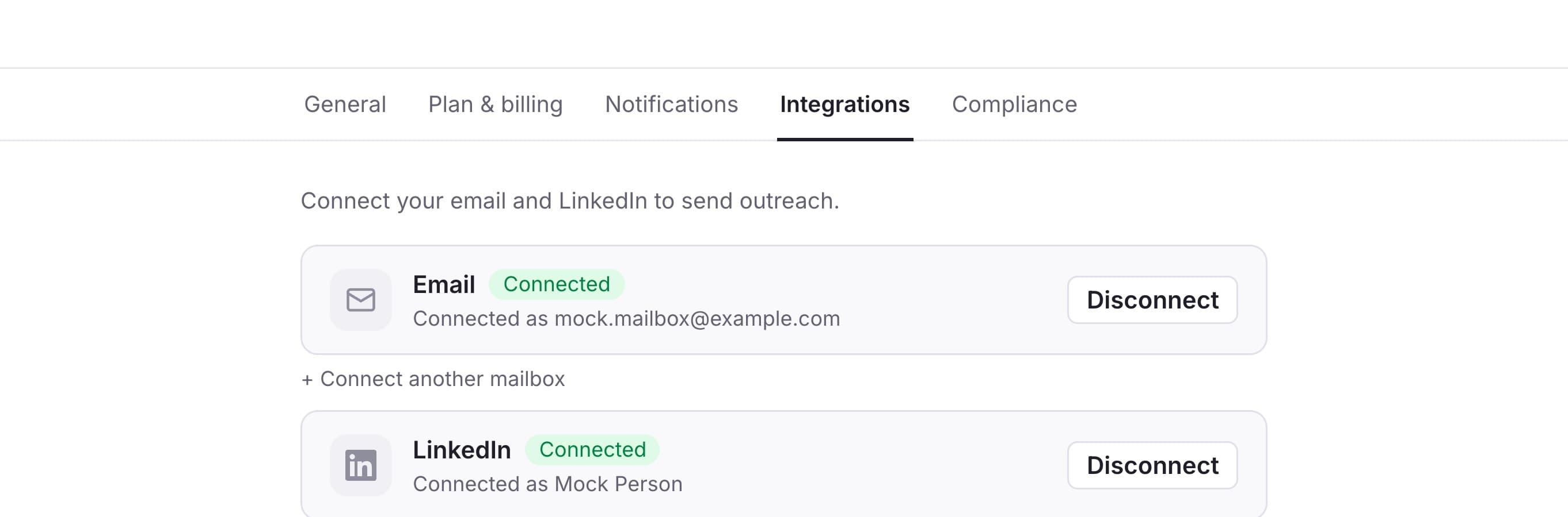 Each row shows the identity you are actually sending as — worth a glance before a launch, because "connected" and "connected as the right mailbox" are different facts.