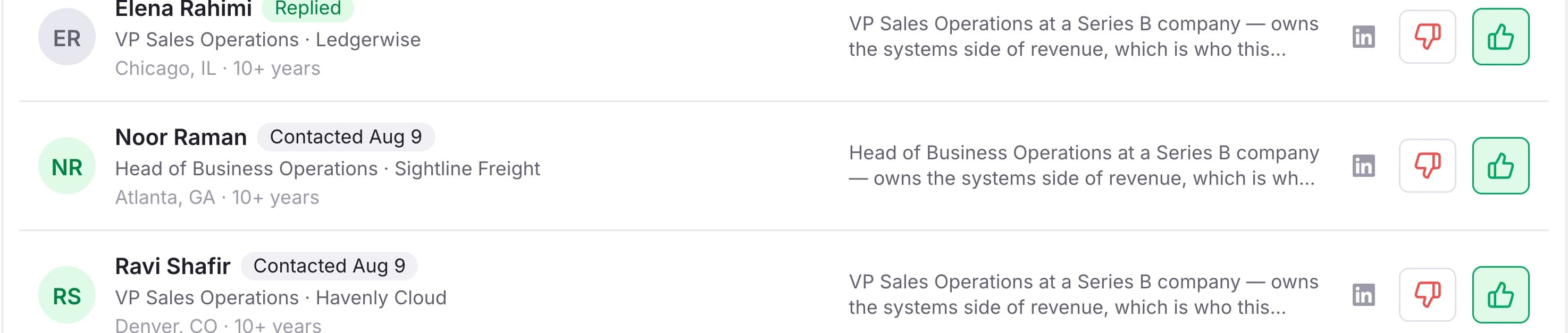Two buttons per row, and the LinkedIn profile beside them. Approving is a decision you make with the reason in front of you — not a bulk gesture you regret later.