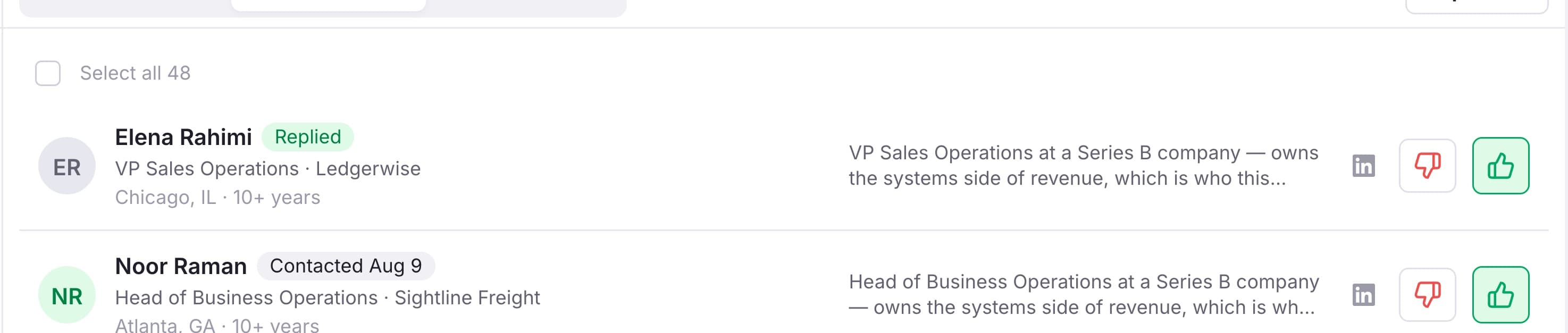 The reason line, per person, written against your description. Not a score: a sentence you can disagree with.