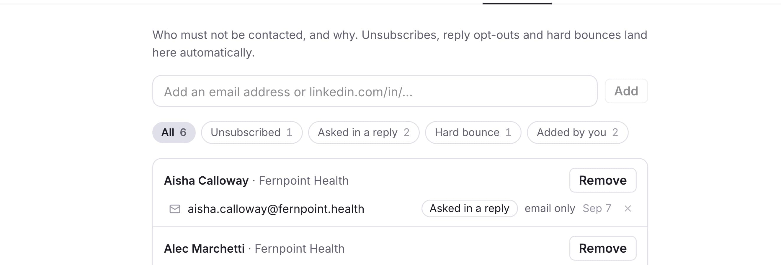 The account-wide list, on the Compliance tab. One entry here outranks every outreach you will ever build.
